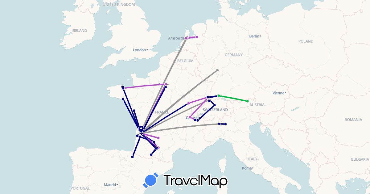 TravelMap itinerary: driving, bus, plane, train in Austria, Switzerland, Germany, Spain, France, Italy, Netherlands (Europe)